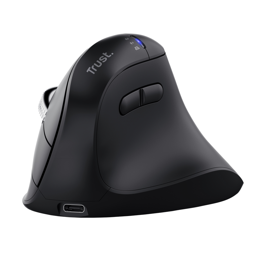 TRUST MOUSE ERGONOMICO VERTICALE HYPERSCROLL WIRELESS RICARICABILE MULTICONNECT 2x BT + WL 2,4GHZ (USB A + USB C) - PLASTICA RICICLATA 85% - 4800DPI - TRUST VYRAN - NERO