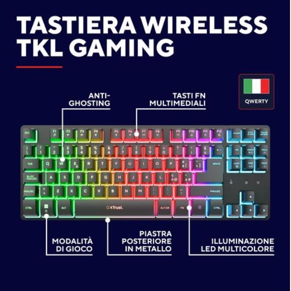 TASTIERA GAMING WIRELESS (COMPATTA TKL) ILLUMINATA - RICARICABILE - LAYOUT ITALIANO - TRUST GXT831W THADO TKL - NERO 2