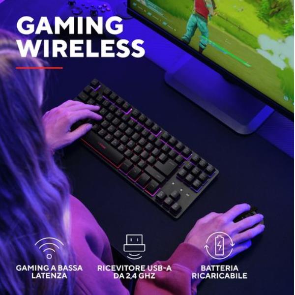 TASTIERA GAMING WIRELESS (COMPATTA TKL) ILLUMINATA - RICARICABILE - LAYOUT ITALIANO - TRUST GXT831W THADO TKL - NERO 3
