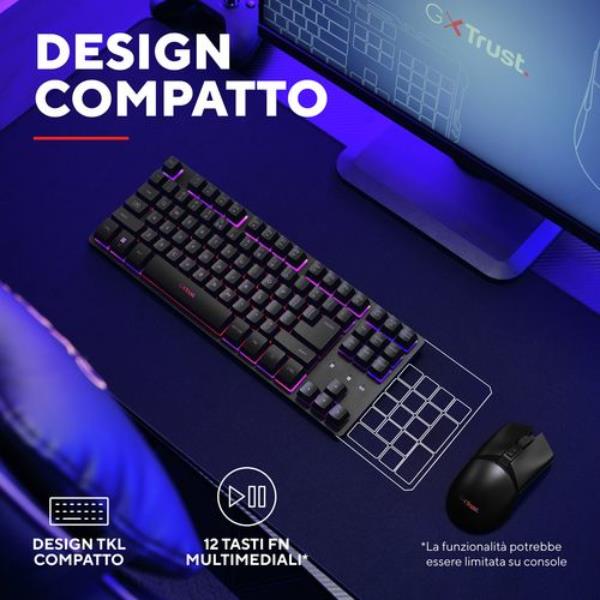 TASTIERA GAMING WIRELESS (COMPATTA TKL) ILLUMINATA - RICARICABILE - LAYOUT ITALIANO - TRUST GXT831W THADO TKL - NERO 4