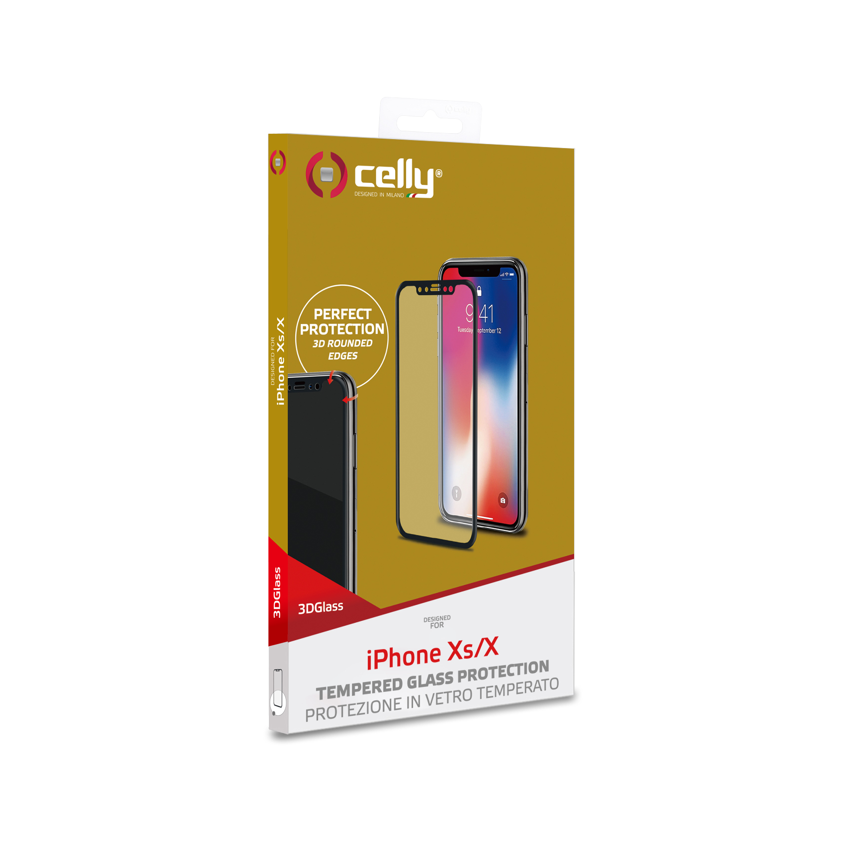 CELLY 3DGLASS - Vetro 9H con bordo colorato nero per schermo curvo compatibile con Apple iPhone Xs/ iPhone X