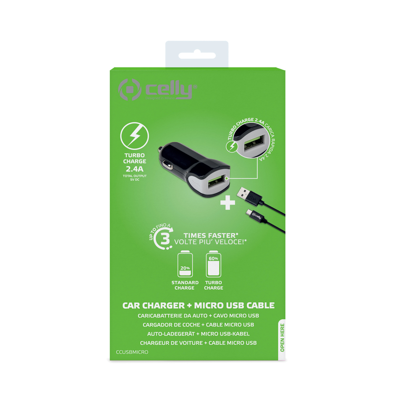 CELLY CCUSBMICRO - 12W USB-A Car Charger+USB-A to Micro Usb Cable [TURBO]