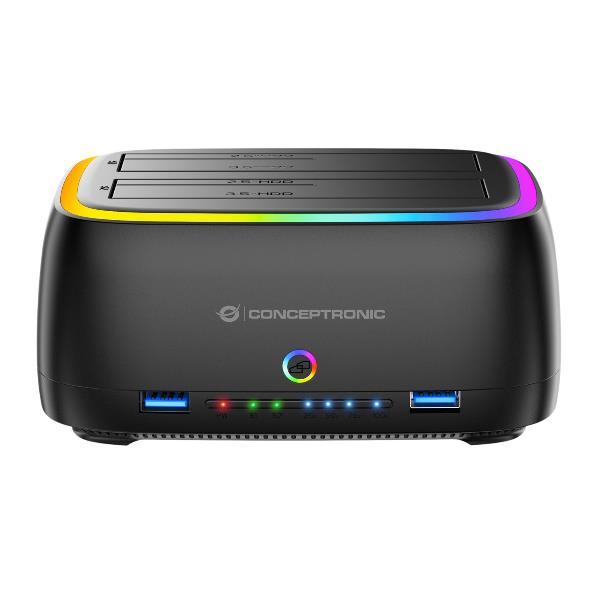CONCEPTRONIC DOCKING STATION USB 3.2 Gen 1 RGB DUAL BAY - 2.5" o 3.5" SATA HDDs / SSDs