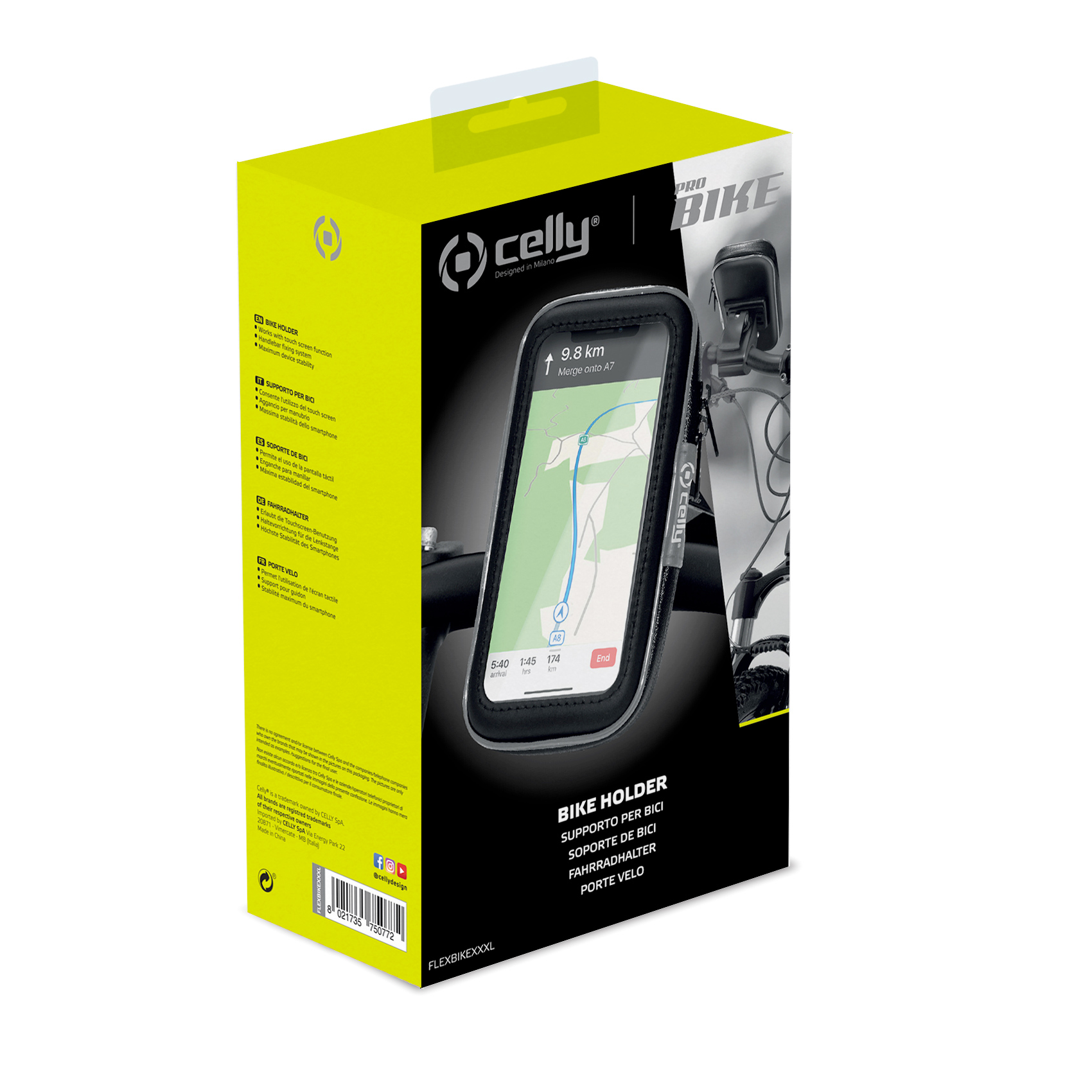 CELLY FLEXBIKE - Supporto universale per smartphone, utilizzo con manubri tubolari di bici e ebike, custodia impermeabile, funzione touch screen, morsetto regolabile
