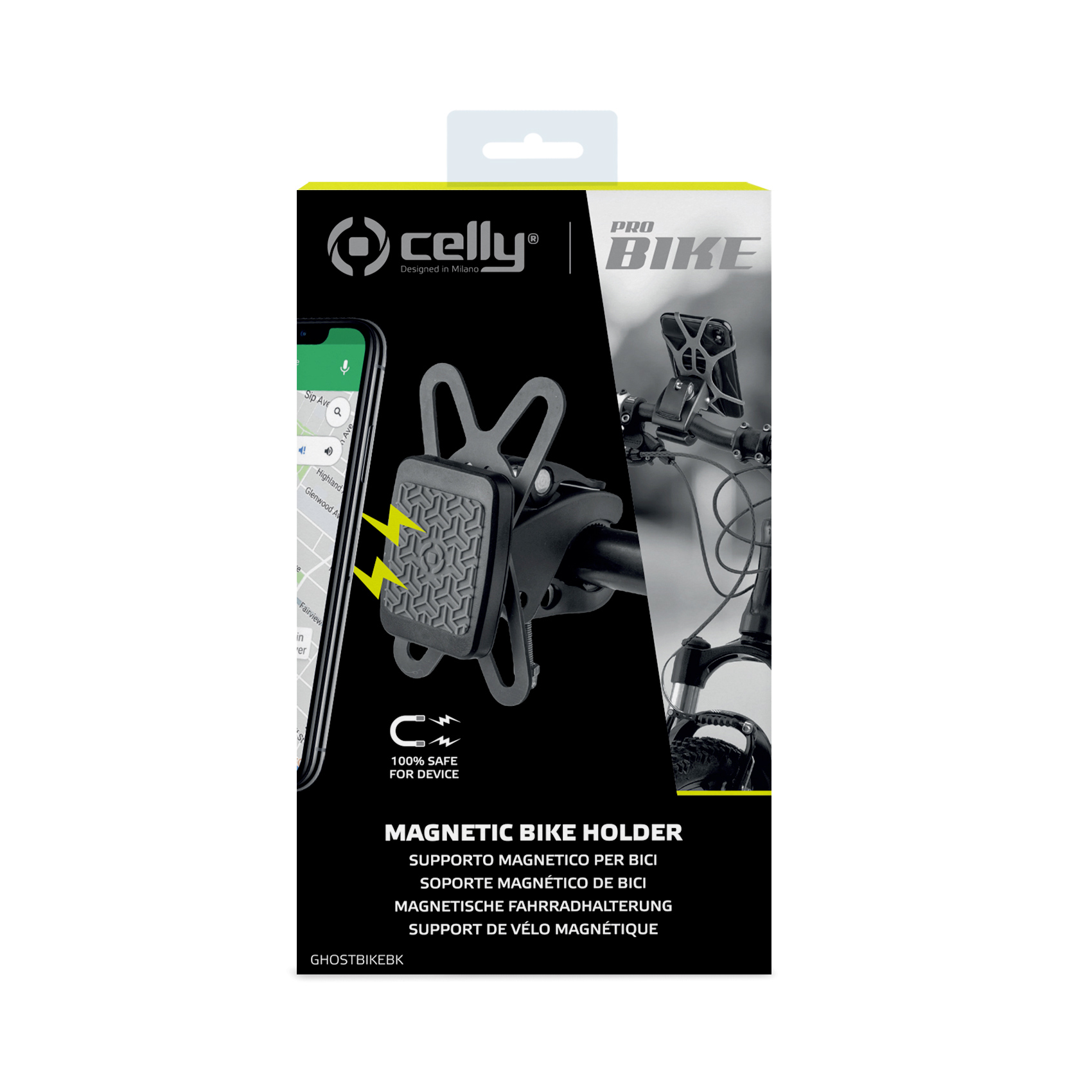 CELLY GHOSTBIKE - Supporto universale magnetico per smartphone utilizzabile su manubrio bici e ebike, 4 magneti ultra forti, base in silicone, morsetto regolabile, 2 piastre metalliche