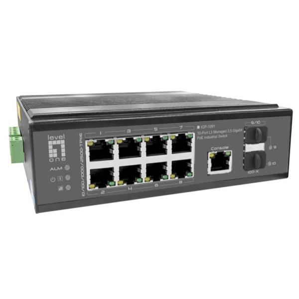 LEVELONE LEVELONE IGP-1091 - SWITCH INDUSTRIALE PoE Managed L3 a 10 porte da 2,5 Gigabit, 2 uplink SFP+ da 1G/10G, uscite PoE a 8 porte, 480W, PoE 802.3af/at/bt, DIN-Rail, -40°C +75°C