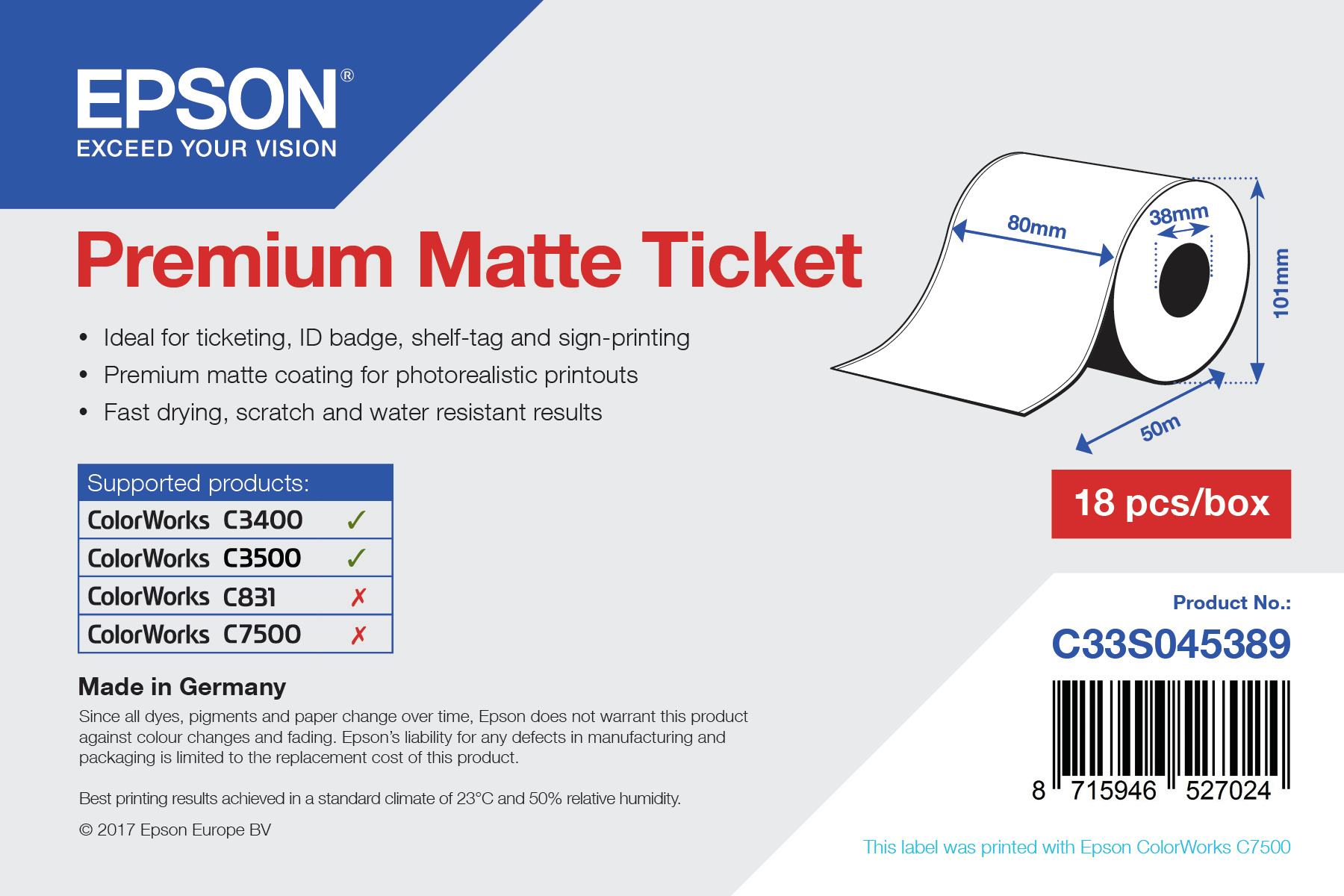 Epson 1ROLL PREMIUM MATTE TICKET ROLL 80MM X 50M MINORDERQTY: 18