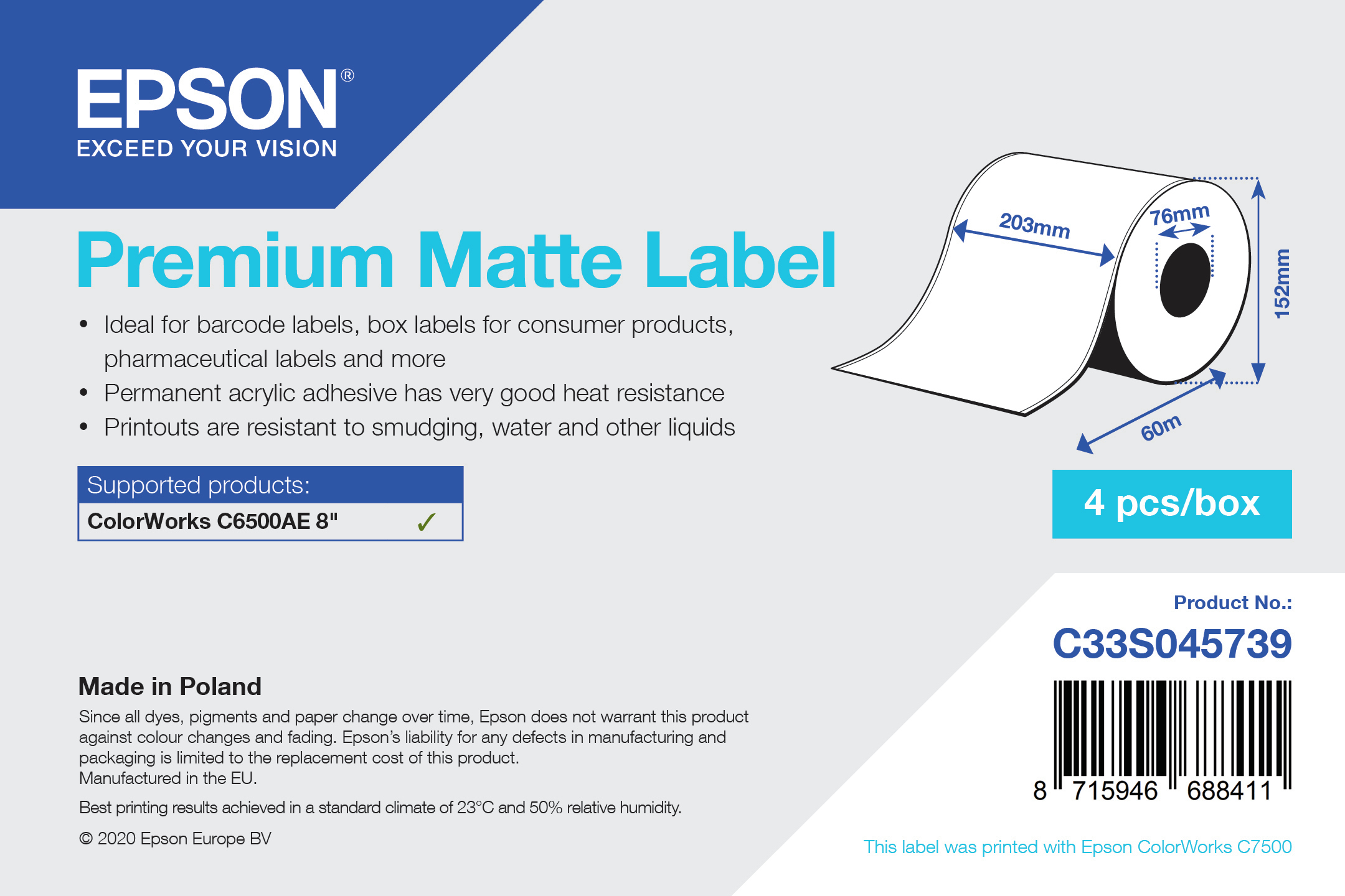 Epson PREMIUM MATTE LABEL CONTINUOUS ROLL 203MMX60M
