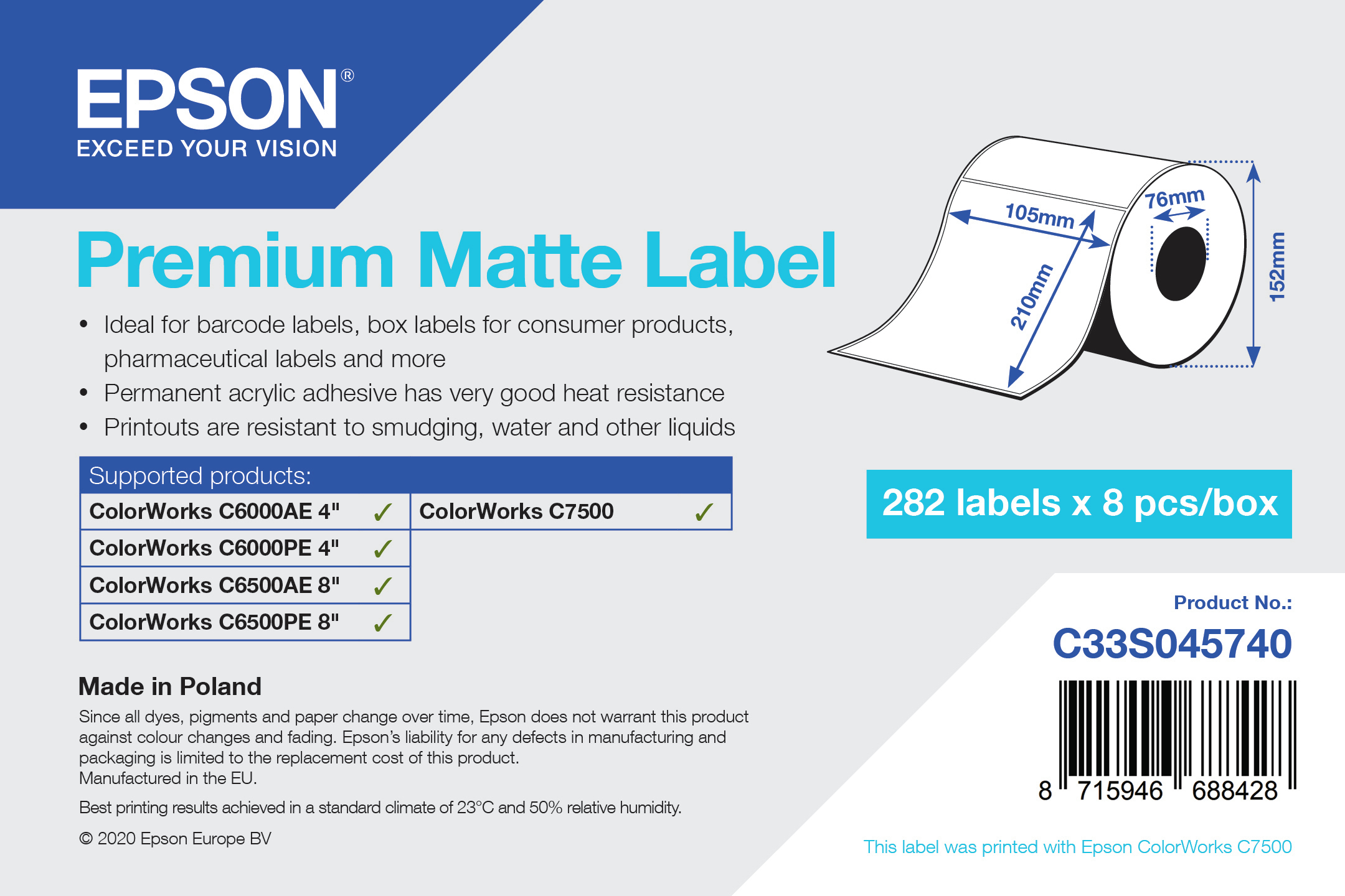 Epson PREMIUM MATTE LABEL DIE-CUTROLL 105MMX210MM 282 LABELS