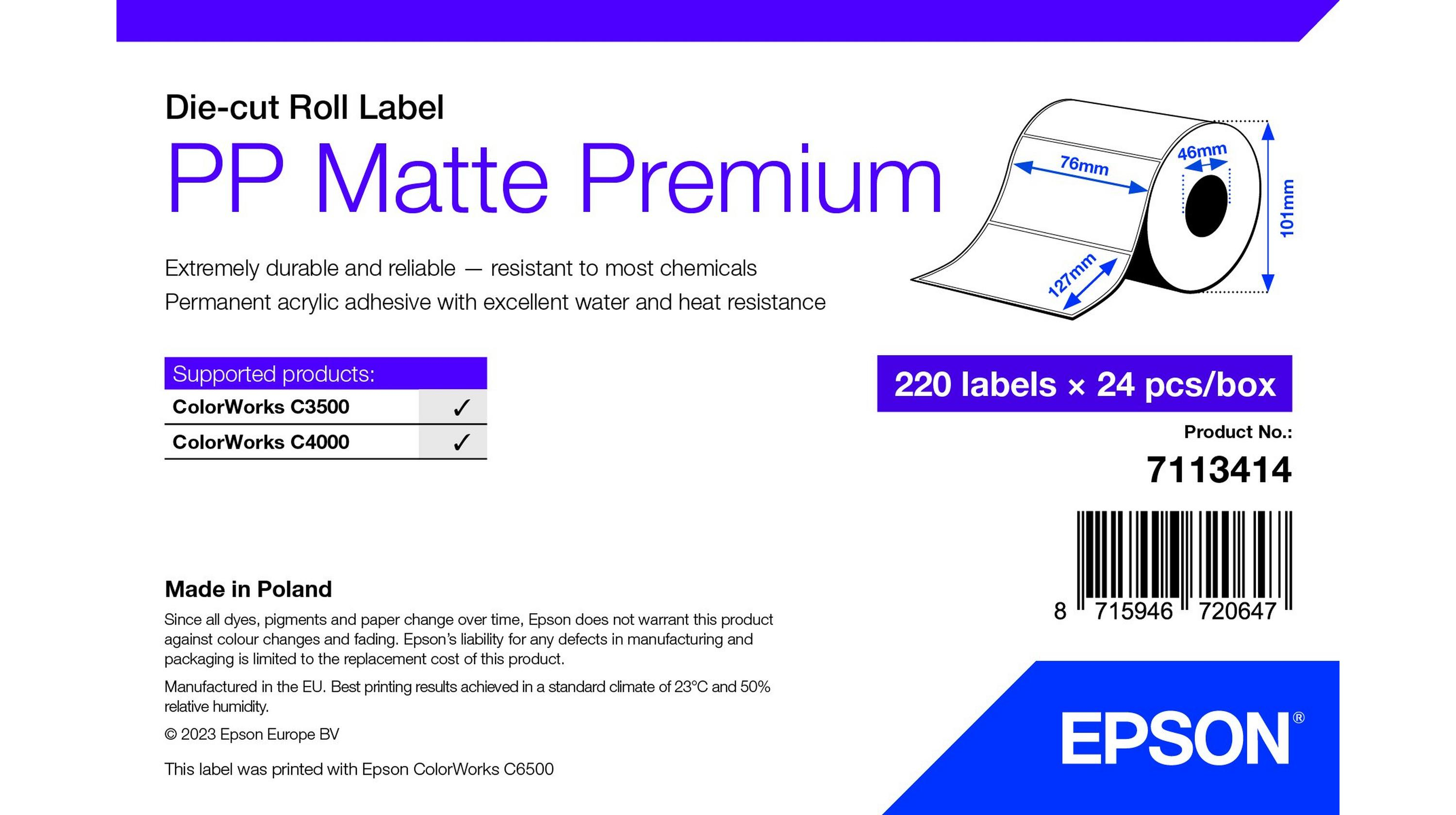 Epson PP MATTE LABEL PREM DIE-CUT ROLL 76X127MM 220 LABELS