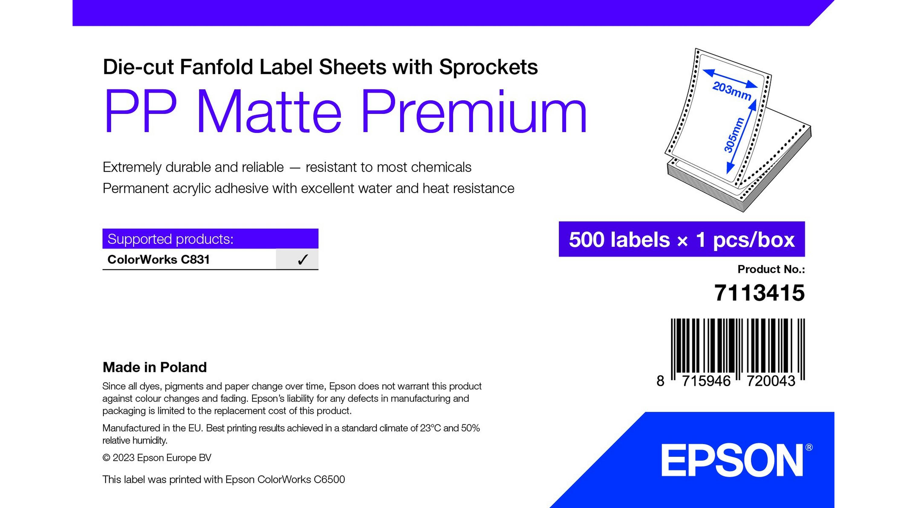 Epson PP MATTE LABEL PREM DIE-CUT FANFOLD SHEETS WITH SPROCKETS 20