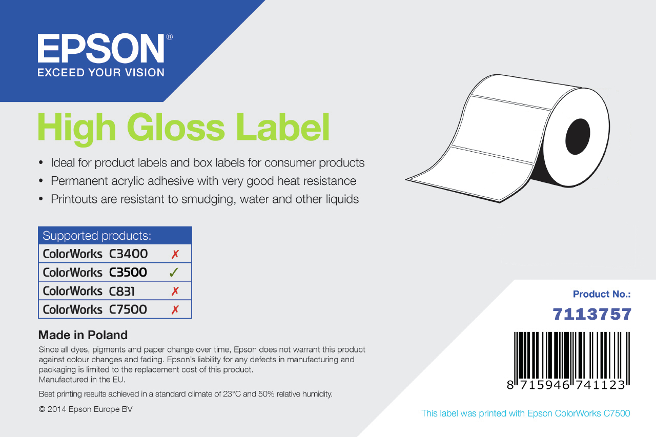Epson HIGH GLOSS LABEL DIE-CUT ROLL 76MM X 127MM 250 LABELS