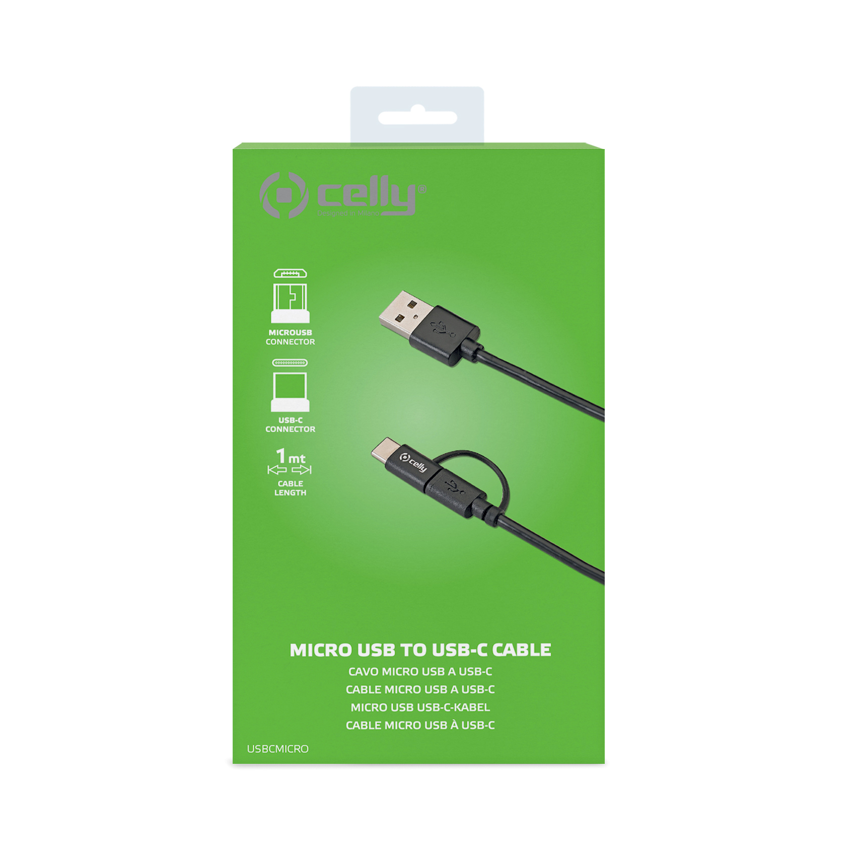 CELLY USBCMICRO - Cavo USB-A a Micro Usb, adattatore con porta USB-C, lunghezza cavo 1 metro, potenza massima 15 Watt