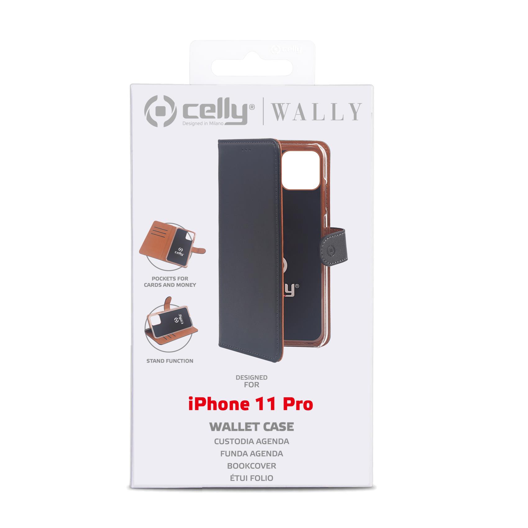 CELLY WALLY - Custodia a libro in pelle sintetica con chiusura flap magnetico, slot per carte e funzione stand colore nero compatibile con Apple iPhone 11 Pro