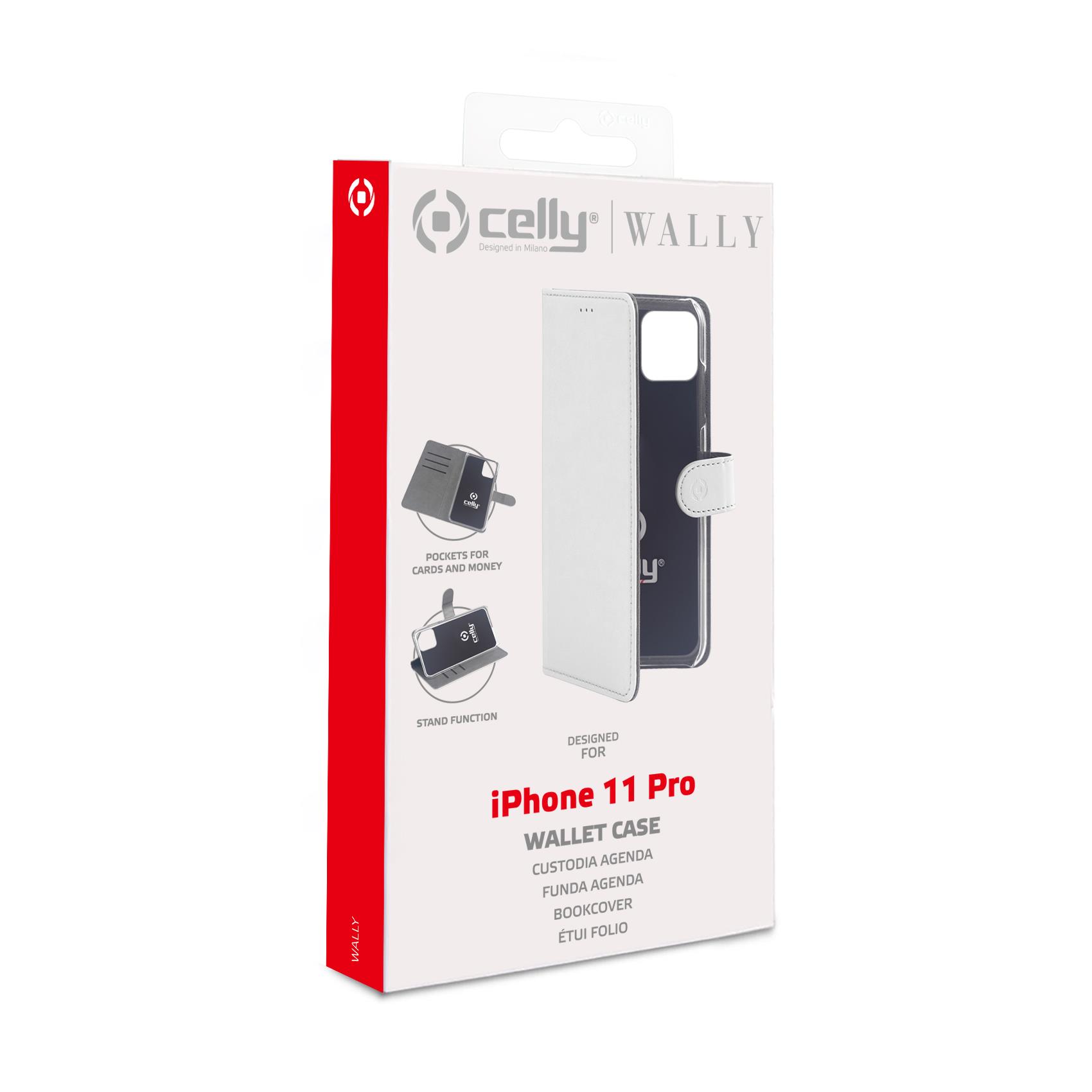 CELLY WALLY - Custodia a libro in pelle sintetica con chiusura flap magnetico, slot per carte e funzione stand colore bianco compatibile con Apple iPhone 11 Pro