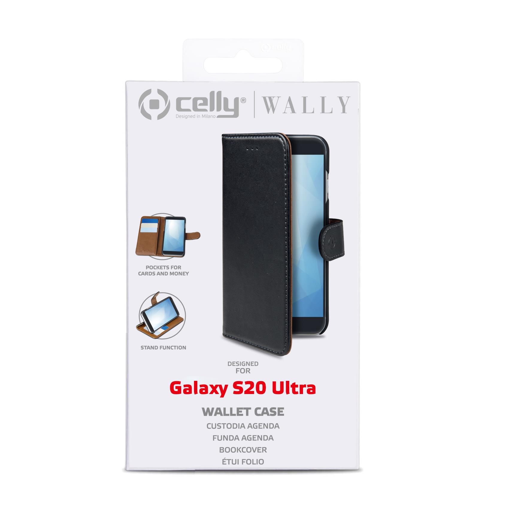 CELLY WALLY - Custodia a libro in pelle sintetica con chiusura flap magnetico, slot per carte e funzione stand colore nero compatibile con Samsung Galaxy S20 Ultra