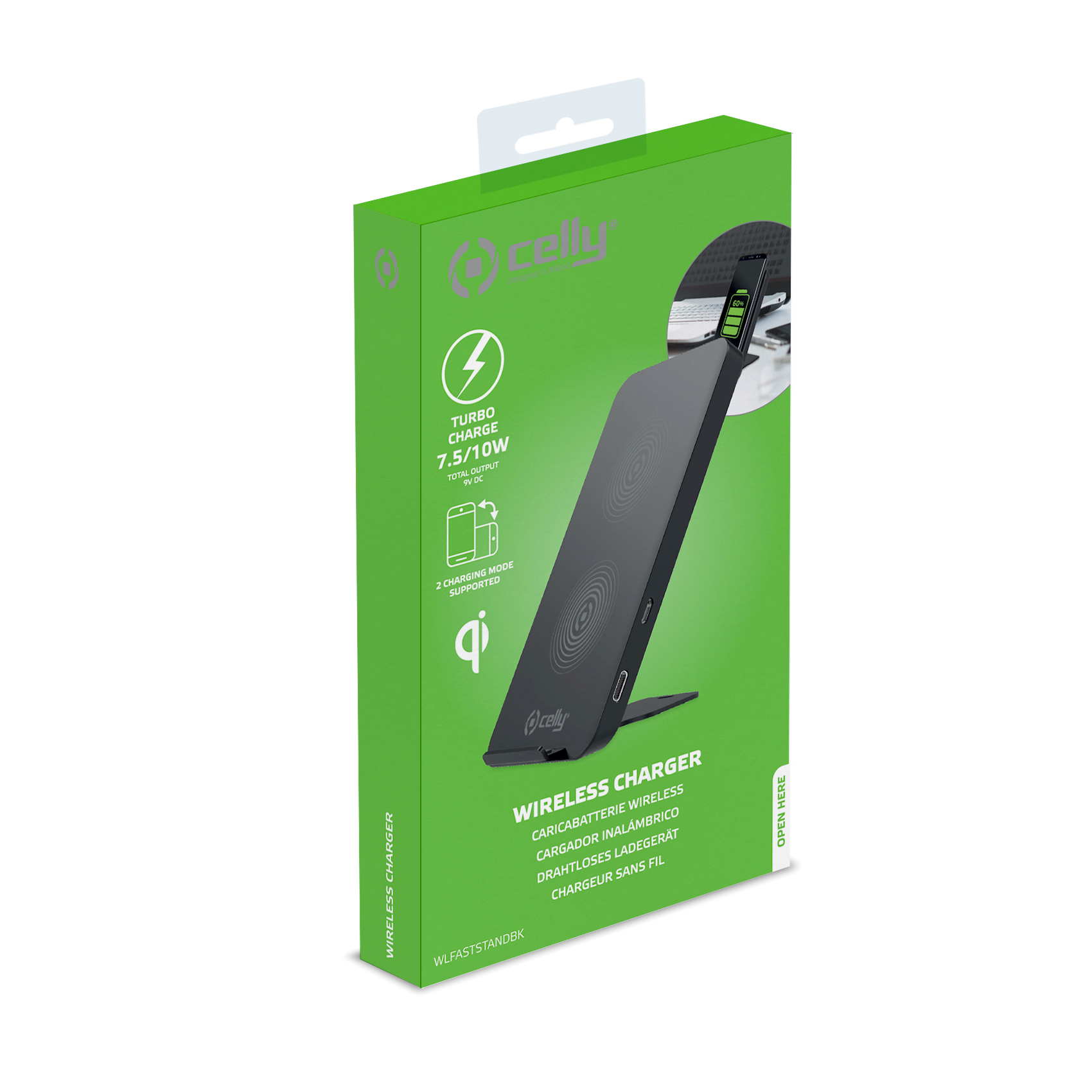 CELLY WLFASTSTAND - Caricabatteria wireless con funzione stand, potenza massima 10 Watt, indicatori LED