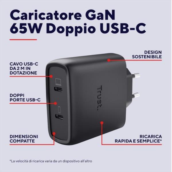 Maxo 65W 2P USB-C Gan Charger Blk - immagine 2